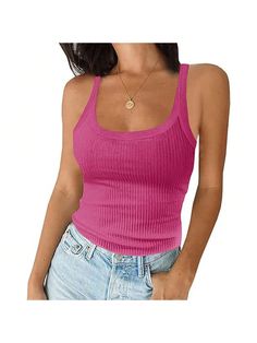 Rosa Fucsia Casual Collar   Liso Tirantes Embellished Cotton Stretch Solid Color Tank Top, Solid Color Tank Top For Spring, Spring Season Solid Color Tank Tops, Solid Color Tank Top With Tank Straps For Summer, Casual Solid Seamless Tank Top, Trendy Solid Ribbed Tank Top, Casual Stretch Tank Top In Solid Color, Casual Seamless Solid Tank Top, Casual Seamless Solid Color Tank Top