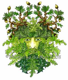 a green man's face surrounded by trees and birds in the shape of his head