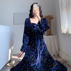 Top Seller for S-XXXL Velvet Square Neck Sequin Flare Sleeve Midi Dress Fashion Wear For Women, Women's Dresses Fairycore Dress, Galaxy Dress, Witch Dress, Blue Velvet Dress, Cottagecore Dress, Vintage Inspired Dresses, Fairy Dress, Star Dress, Sleeve Dresses