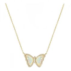 Gold Plated Crystal Lab-Created Opal Charm measures approximately 9/10" x 1/2" Adjustable slider chain up to 18" Adjustable Butterfly Pendant Necklace, Butterfly Necklace, White Opal, Sliders, 9 And 10, Light Green, Light Colors, Opal, Gold Necklace