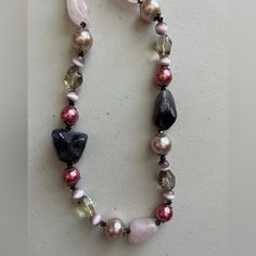 Anthropologie Beaded Necklace New Unworn Variety Of Beads: Semi-Precious Polished Stones Pearls Crystals Cut Polished Glass Shades Of Purple Lilac Mauve Pink Suede Tie Ribbon In Merlot Approx 24” Excluding Ties Gorgeous Necklace With The Prettiest Shades Of Purple And Pink Elegant Pink Beaded Necklace With Gemstone Beads, Party Pearl Necklace With Round Gemstone Beads, Elegant Pink Gemstone Beaded Necklaces, Pink Pearl Beaded Necklaces With Gemstone Beads, Pink Pearl Necklaces With Polished Beads, Pink Pearl Necklace With Gemstone Beads, Pink Pearl Necklace With Polished Beads, Elegant Pink Beaded Crystal Necklaces, Adjustable Gemstone Beads Party Necklaces