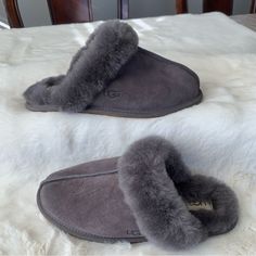 Brand New Ugg Scuffette Ll Slippers New With No Box Size 7 In Women Color Nightfall Suede Upper Sheepskin Collar Sheepskin Lining And Insole Rubber Outsole Sz Tag Have Been Marked To Prevent Store Returns Grey Ugg Slippers, Winter Moccasins, Black Ugg Slippers, Grey Ugg, Ugg Scuffette, Uggs Moccasins, Chestnut Uggs, Ugg Dakota, Grey Slippers