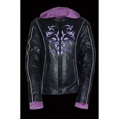 Milwaukee Leather ML2067 Women's 3/4 Black and Purple Leather Hoodie Jacket with Reflective Tribal Design Outside Features Made of Butter Soft Naked Cowhide 1.0mm Thick Leather Front Zipper Closure Embroidered Chest Tribal Design with Colored Contrast Stitching Full Chest, Arm and Shoulder Blacked Out Highly Reflective Piping Ventilation System: 2 Chest Vents, 2 Shoulder Vents and 2 Back Vents All with Zipper Closure Side/Hip Expandable Material Panel for Comfort Movement Lower Back Extension Zi Fitted Hooded Biker Outerwear, Fitted Biker Outerwear With Hood, Winter Biker Jacket With Double-lined Hood, Fitted Biker Jacket For Spring Outdoor, Fitted Black Biker Jacket With Detachable Hood, Fitted Black Biker Hooded Jacket, Fitted Hooded Biker Jacket For Spring, Fitted Biker Jacket With Detachable Hood For Streetwear, Fitted Biker Jacket With Detachable Hood