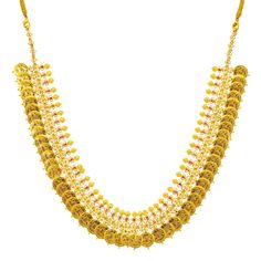 This unique 22k gold jewelry set is just what a woman needs to add a gleaming layer of gold to their looks for a special evening.The 22k yellow gold necklace and matching jhumka earrings have a ultra feminine style and appeal. The vibrant cubic zirconia, rubies, and cultural engravings add a regal feel to this dazzling set.Features• 22K Yellow Gold.• Rubies. • Cubic Zirconia.Specifications• Minimum Necklace Width - 2 millimeters • Maximum Necklace Width - 27 millimeters• Necklace Length - 22 inc 22k Gold Jewelry For Puja, Yellow Gold Kundan Necklace For Diwali, Yellow Gold Round Temple Necklace With Meenakari, Festive Hallmarked Kundan Necklace In Yellow Gold, Yellow Gold Round Kundan Necklace In Temple Style, Gold Dual-tone Jewelry For Puja, Yellow Gold Round Kundan Necklace Temple Jewelry, Yellow Gold Round Kundan Temple Necklace, Yellow Gold Plated Bridal Necklace For Puja