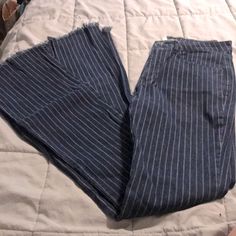 Blue Denim & White Pinstripe Bell Bottoms Size Medium Nwt Striped Bell Bottoms, Thrifting Manifestation, 2024 Wishlist, Pinstripe Pants, Bell Bottoms, Denim Pants, Flare Jeans, Blue Denim, Personal Style