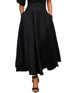 PRICES MAY VARY. Fabric: High waist long skirt is made of good quality soft fabric, breathable, skin-friendly, stretchy, which don't wrinkle, provides you a comfortable feminine touch. Features: Flared long skirt featuring flared design, elastic, high waist, tie knot back, zipped back, flared, a-line, with pockets, long length, perfect to lengthen your legs, the playful long skirt adds more girlish. Match: A-line long skirt is easy to dress ot up or down with your favorite denim jackets, coat, b Rok Midi, Long Skirt Casual, Long Skirt Fashion, Umbrella Skirt, Half Skirt, Mini Robes, Maxi Robes, Maxi Skirts, Black Maxi