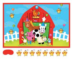 an image of farm animals in front of a barn with balloons on the roof and cows around