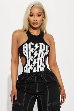 Available In Black/White. Crew Neck Sleeveless Front Screen ACDC Graphic Cut Out Detail Ribbed Stretch Disclaimer: Due To The Specialized Screen Printing Process A Difference In Saturation May Occur. Each Garment Is Unique. 95% Cotton 5% Spandex Imported | ACDC Cut Out Bodysuit in Black/White size XL by Fashion Nova White Halter Neck Top For Club, White Halter Neck Tank Top For Club, Edgy Black Halter Neck Tank Top, White Tank Top For Club And Spring Season, White Tank Top For Club In Spring, White Tank Top For Club Spring Season, White Tank Top For Club, Spring Season, Edgy Halter Neck Tank Top For Summer, Trendy Black Tank Top For Club