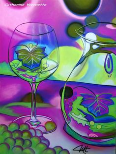 a painting of wine glasses and grapes on a table