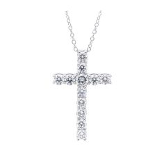 The Mavis Pendant Simple yet striking, this diamond cross is a beautiful reflection of her faith. Fashioned in 14K gold, this traditional cross is completely outlined with a glistening array of shimmering diamonds. Radiant with 2.00 carat total weight of I-J, VS-SI diamonds and a bright polished shine, this cross suspends along an 16 inch chain that has a two inch extension and secures with a lobster clasp. Sku number White Gold: 455168 Yellow Gold: 456475 Product Details Length: 28.6mm* Width 1 Diamond White Brilliant Cut Cross Necklace, Diamond White Diamond Cross Necklace, Brilliant Cut Cubic Zirconia Cross Pendant Necklace, Brilliant Cut Cubic Zirconia Crucifix Necklace, Cubic Zirconia Brilliant Cut Crucifix Necklace, Cubic Zirconia Crucifix Necklace With Brilliant Cut, Classic Diamond White Crucifix Cross Necklace, Anniversary Cross Necklace In Brilliant Cut Diamond White, Anniversary Cross Necklace In Diamond White With Brilliant Cut