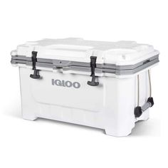 the igloo cooler is white and has two black handles