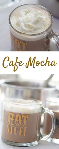 there is a cup of coffee with whipped cream in it and the words cafe mocha