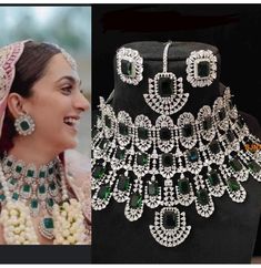 an image of a woman wearing green and white jewelry on her neck, and another photo of