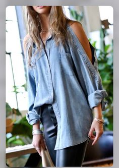 Amazing light denim cut out sleeve top. Light Denim Shirt, Open Sleeve, Denim Blouse, Ruched Bodycon Dress, Vintage Fits, Denim Button Down, High Point, Light Denim, Mini Dress With Sleeves