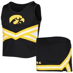 a women's black and yellow cheer uniform