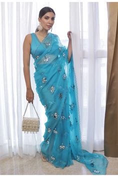 Editor's Note All Over Round Mirror Cutwork Silk Organza Saree With V Neck Satin Blouse Fabric: Organza And Modal Satin Color: Blue Care: Dry Clean Only About the Designer Vvani by Vani Vats- an Indian ethnic women’s wear label. It is a depiction of the royal and intricate handcrafted embroideries in unconventional designs. Niki Mehra, Sarees Simple, Mirror Saree, Aqua Bridesmaid Dresses, Bridesmaid Sarees, Bridal Squad, Bridesmaid Saree, Designer Saree Blouse, Simple Sarees