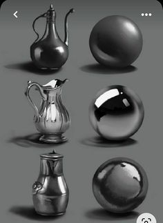 an assortment of metallic objects are shown in black and white, as well as silver