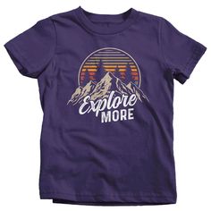 "Kids Hiking T Shirt Hiker Shirt Explore More Mountains Shirt Hiker Gift Camping Tee Mountains Shirt Boy's Girl's Youth Get there when you do! Hiking can be so freeing. This t shirt is perfect for any hiker or camper. It features vintage colors, a mountain range and distressed fonts. It simply reads 'Explore More'. Made of soft, ring spun cotton. Includes a drawstring cotton gift bag. Direct to garment printed using the latest technology. Soft, ring spun cotton. Please check out my other Etsy It