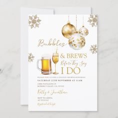 a white and gold christmas card with two glasses of beer