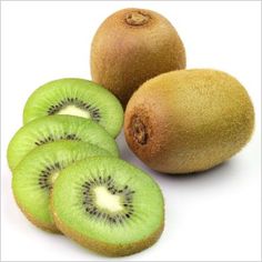 kiwi fruit sliced in half and whole on white background