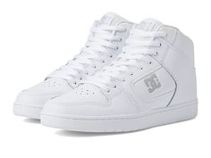 DC Manteca 4 Hi - Men's Shoes : White/White/Battleship : Endow endless comfort, support, and stability to your feet while adding some classic elegance to your athletic style, wearing the DC Manteca 4 Hi Skate Shoes. Durable leather upper. Recycled NatureTex mesh lining offers breathability. Removable cushioned EVA insole. Lace-up construction for a secure fit. Closed round toe. Injected TPR quarter logo. Padded heel and collar for added comfort. Performance cupsole with signature PILL PATTERN tr Sporty Slip-resistant Skate Shoes With White Sole, Slip-resistant Synthetic Walking Shoes For Streetwear, White Sole Slip-resistant Skate Shoes For Sports, White Slip-resistant Synthetic Sneakers, Classic Walking Shoes With Ortholite Insole For Sports, Casual High-top Slip-resistant Sneakers For Sports, Casual Slip-resistant High-top Sneakers For Sports, Mesh High-top Sneakers With Cushioned Footbed, Synthetic Skate Shoes With White Sole