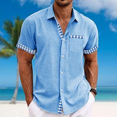 Category:Shirt; Season:Summer; Fabric:Polyester; Sleeve Length:Short Sleeve; Look After Me:Machine wash,Washable; Gender:Men's; Style:Hawaiian,Resort; Elasticity:Inelastic; Tops Type:Printed Shirts; Occasion:Vacation,Holiday,Daily Wear; Fit Type:Regular Fit; Design:Buttons,Pocket; Neckline:Turndown; Brand:OUKU; Listing Date:06/11/2024; Bust:null; Length:null; Shoulder Width:null; Sleeve Length:null Light Blue Shirt With Pockets For Summer, Light Blue Summer Shirt With Pockets, Light Blue Summer Vacation Shirt, Casual Light Blue Shirt For Beach Season, Beach Shirt With Pockets, Blue Summer Tops For Outdoor, Blue Tops For Outdoor Summer Activities, Blue Summer Outdoor Top, Blue Shirt With Pockets For Vacation