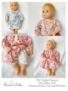 three dolls with different outfits and hair on them, one is wearing a pink flowered dress