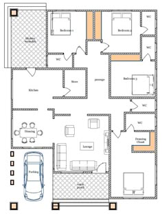 the floor plan for a house with two car spaces