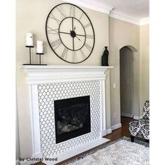 a living room with a clock on the wall