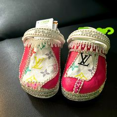 Custom Crocs ( Louis Vuitton) Multi Colored, With Diamonds And Pearls! For Your Little Diva! Can Make More At Your Request! Crocs Flip Flops, Custom Crocs, Crocs Pink, Pink Crocs, Diamonds And Pearls, Crocs Crocband, Minnie Mouse Pink, Cute Nike Shoes, Shoes Custom