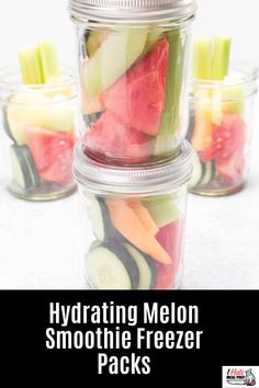 four mason jars filled with different types of fruit and veggies, all labeled hydrating melon smoothie freezer packs