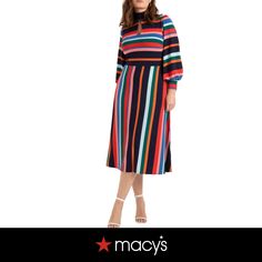 in stock Chic Spring Dresses With Contrast Stripes, Chic Multicolor Vertical Stripes Dress, Striped Midi Dress For Work In Spring, Spring Workwear Dresses With Contrast Stripes, Chic Striped Dresses For Fall, Chic Striped Fall Dresses, Women's A Line Dresses, Dress With Puff Sleeves, Rainbow Stripes