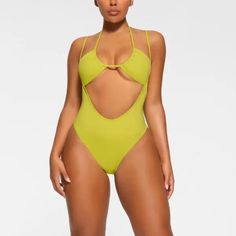 Cue The Compliments In This Open-Bust One-Piece Swimsuit, Designed To Perfectly Pair With Our Halter Bikini Top. Features Adjustable Straps, A Low Open Back, And Cheeky Back Coverage. Fits True To Size. | Skims Open Bust One Piece | Yellow | This Is For The Bottom Only. Can Be Paired With Any Top. Lime Green Swimwear For Summer, Yellow Beachwear Tankini For Poolside, Fitted Lime Green Swimwear For Poolside, Lime Green Fitted Swimwear For Poolside, Yellow Swimwear For Poolside, Neon Yellow Sleeveless Swimwear For Beach Season, Neon Yellow Swimwear For Summer Party, Yellow One-piece Tankini, Neon Yellow Party Swimwear For Summer