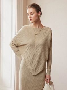 Albaricoque Casual Collar manga larga Lana Peinada Liso Pullovers Embellished Estiramiento medio Apricot Sweater, Women Sweaters, Ribbed Knit Sweater, Asymmetrical Hem, Batwing Sleeve, Bat Wings, Knitwear Women, Asymmetric Hem, Women Clothing