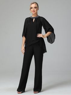 Long Sleeves Chiffon Mother Of The Bride Dress Pants Suits Elegant Georgette Sets For Evening, Elegant Evening Sets In Georgette, Fitted Chiffon Evening Sets, Elegant Chiffon Dress For Work, Elegant Formal Georgette Blouse, Summer Formal Chiffon Sets, Elegant Evening Georgette Blouse, Elegant Black Georgette Blouse, Spring Evening Chiffon Sets