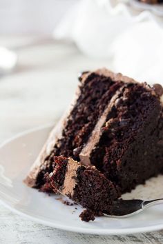 a slice of chocolate cake on a plate with a fork