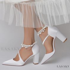 Lasaky - Exquisite Pearl and Rhinestone Chain Bracelet Wedding Shoes for Bride and Bridesmaids Wedding Crystal Heels With Ankle Strap, Crystal Ankle Strap Heels For Wedding, Elegant White Adjustable Heels, Elegant Adjustable Wedding Heels, Elegant Closed Toe Bridal Accessories For Bridesmaid, Elegant Adjustable Heels For Party, Elegant White Adjustable Wedding Shoes, Elegant Adjustable White Wedding Shoes, Elegant Crystal Wedding Shoes