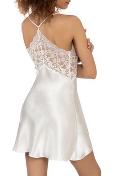 White Lace Contrast Camisole, White Contrast Lace Cami Camisole, White Contrast Lace Camisole, White Camisole With Contrast Lace, Fitted Satin Camisole Nightgown, Sleeveless Slip Dress With Lace Back, Satin Camisole Nightgown, Summer Satin Slip Dress With Lace Back, Fitted Satin Camisole For Sleep