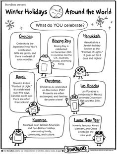 the winter holidays around the world worksheet for kids to learn how to celebrate