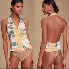 Free People (Nwt) Yellow Offshore Floral Bodysuit Size S Brand New Gauzy Woven Fabric Decorated In Tropical Floral Print, Falls From A Halter Neckline With Notched Collar Into A Relaxed, Button-Front Bodice 100% Viscose. Chic Beach Top With Lined Body, Chic Beach Tops With Lined Body, Spring Beach Tops With Lined Body, Chic One-piece Top For Beach, Chic Floral Print Bodysuit For The Beach, Bell Sleeve Bodysuit, Free People Kimono, Purple Bodysuit, Embroidered Bodysuit