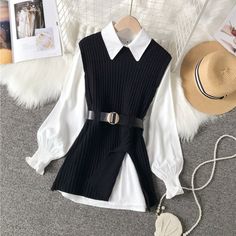 Shirt size:S length: 73cm bust: 106cm shoulder:38cm sleeve:61cmM length:74cm bust:110cm shoulder:39cm sleeve:62 cm L length:75cm bust:114cm shoulder:40cm sleeve: 63cmXL length:76 cm bust:118cm shoulder:41cm sleeve:64cmVest sizeS length: 74cm bust:92-102cm shoulder:40cm M length: 75cm bust:96-106cm shoulder:41cmL length: 76cm bust:100-110cm shoulder:42cmXL length: 77cm bust:104-114cm shoulder:43cmThis clothing size information is just for reference only，please allow 1-3 cm differences due to manu Lantern Sleeve Shirt, Vest Blouse, Straight Clothes, Knitted Vest, Vest Shirt, Womens Long Sleeve Shirts, Kawaii Clothes, College Fashion, Lantern Sleeve