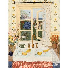 a painting of a kitchen sink with ducks on the counter and flowers in the window