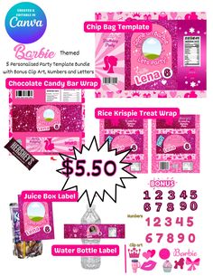 a pink package with the price label and other items for each item, including candy bar wrap