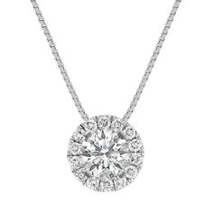 Fourteen sparkling round pavé-set diamonds  at approximately .35 carat total weight  serve as the perfect backdrop to the center stone of your choice at approximately .84 carat in this dazzling 14 karat white gold halo pendant. The design hangs from an 18-inch matching box chain. For more information on selecting your center stone  Live Chat or call an online customer service representative at 1-866-467-4263  or visit one of our store locations. Luxury Diamond Halo Necklace, Luxury Halo Design Diamond Necklace As Gift, Luxury Halo Engagement Necklace, Luxury Platinum Diamond Necklace With Halo Setting, Dazzling Silver Solitaire Necklace With Halo Design, Sterling Silver Diamond White Necklace With Halo Design, White Solitaire Necklace With Halo Design In Sterling Silver, Dazzling Cubic Zirconia Diamond Necklace With Halo Design, Dazzling Sterling Silver Solitaire Necklace With Halo