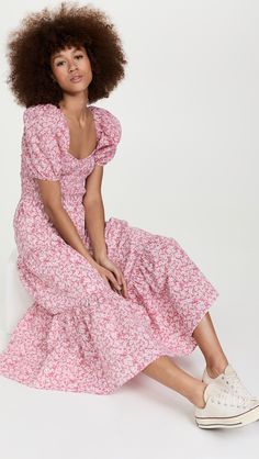 Moon River Smocked Dress | Shopbop China Moon, River Outfit, Moon River, Pink Floral Dress, Smocked Dress, Pullover Designs, China Fashion, Print Pullover, Puff Sleeves