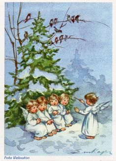 an old fashioned christmas card with angels in front of a tree