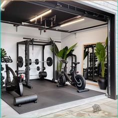 an indoor gym with exercise equipment and plants