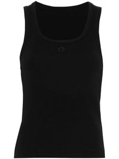 black stretch-cotton ribbed knit embroidered logo round neck sleeveless straight hem Black Sleeveless Tank Top With Ribbing, Black Sleeveless Top With Ribbed Neckline, Black Stretch Ribbed Tank Top, Classic Ribbed Sleeveless Vest, Classic Black Tank Top, Classic Black Cotton Tank Top, Black Tank Top With Ribbed Neckline For Summer, Black Ribbed Neckline Tank Top For Summer, Fitted Black Ribbed Vest