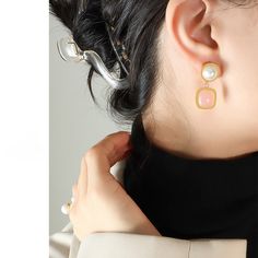 Style: Female Material: Titanium Steel, Imitation Pearl, Jade Pearl Type: Uncultured Pearl Color: White Earring Color: Gold Earring Length: 2.8 cm Jade And Pearl Earrings, Pearl Jade Earrings, Pink Feminine Pearl Earrings, Feminine Pink Pearl Drop Earrings, Luxury Pink Round Pearl Earrings, Pearl Types, White Earrings, Pearl Color, Pearl Ring