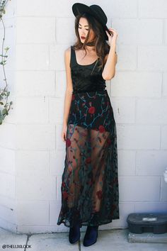 A semi-sheer mesh maxi skirt featuring floral embroidery and a concealed back zipper. Matching top available. Look Rock, Floral Maxi Skirt, Black Mini Dress, Festival Looks, Over It, Black Mini, Outfits Casuales, Festival Fashion, Look Fashion